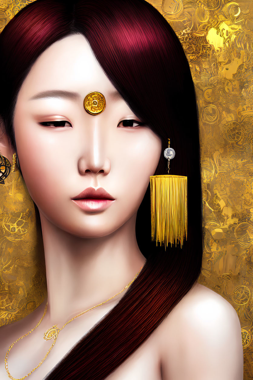 Asian woman digital portrait with gold pattern background, red ombre hair, forehead ornament, and t