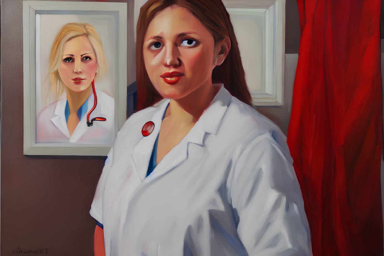 Portrait of Woman in White Lab Coat Against Red Backdrop