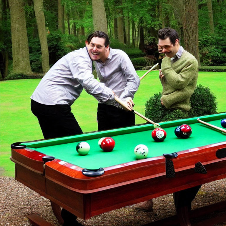 Two men playing pool outdoors with one aiming a shot