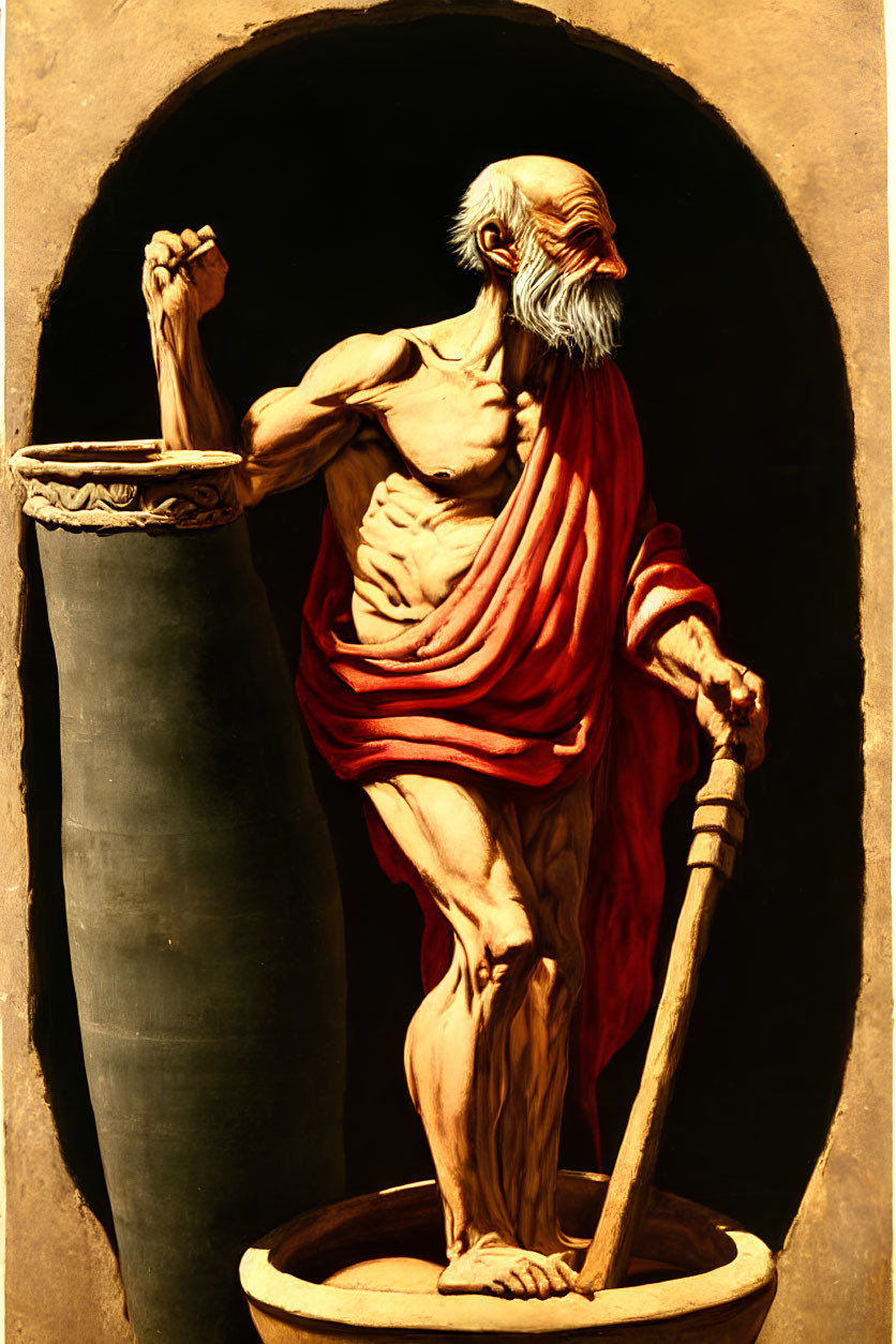 Elderly muscular figure with flowing beard holding staff in alcove