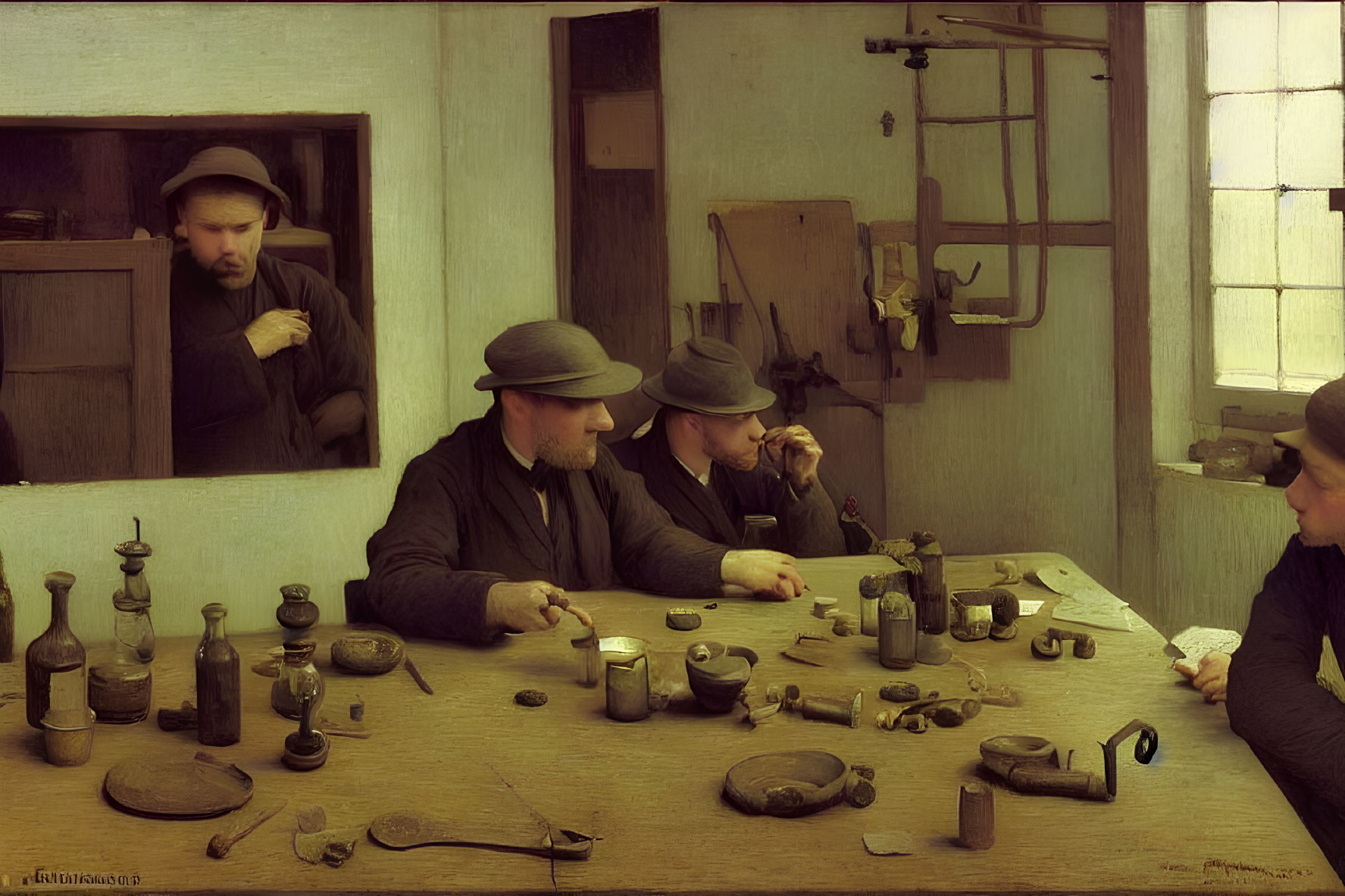 Four Men at Table with Bottles, Scales, and Tools in 19th-Century