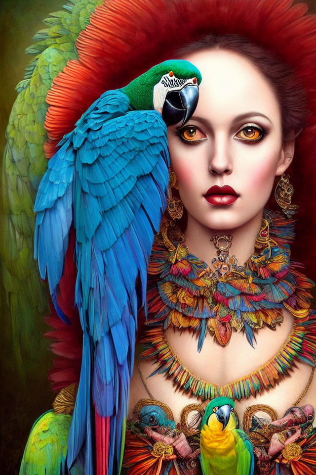 Woman adorned with vibrant parrot-themed makeup and jewelry, accompanied by a blue and red macaw.