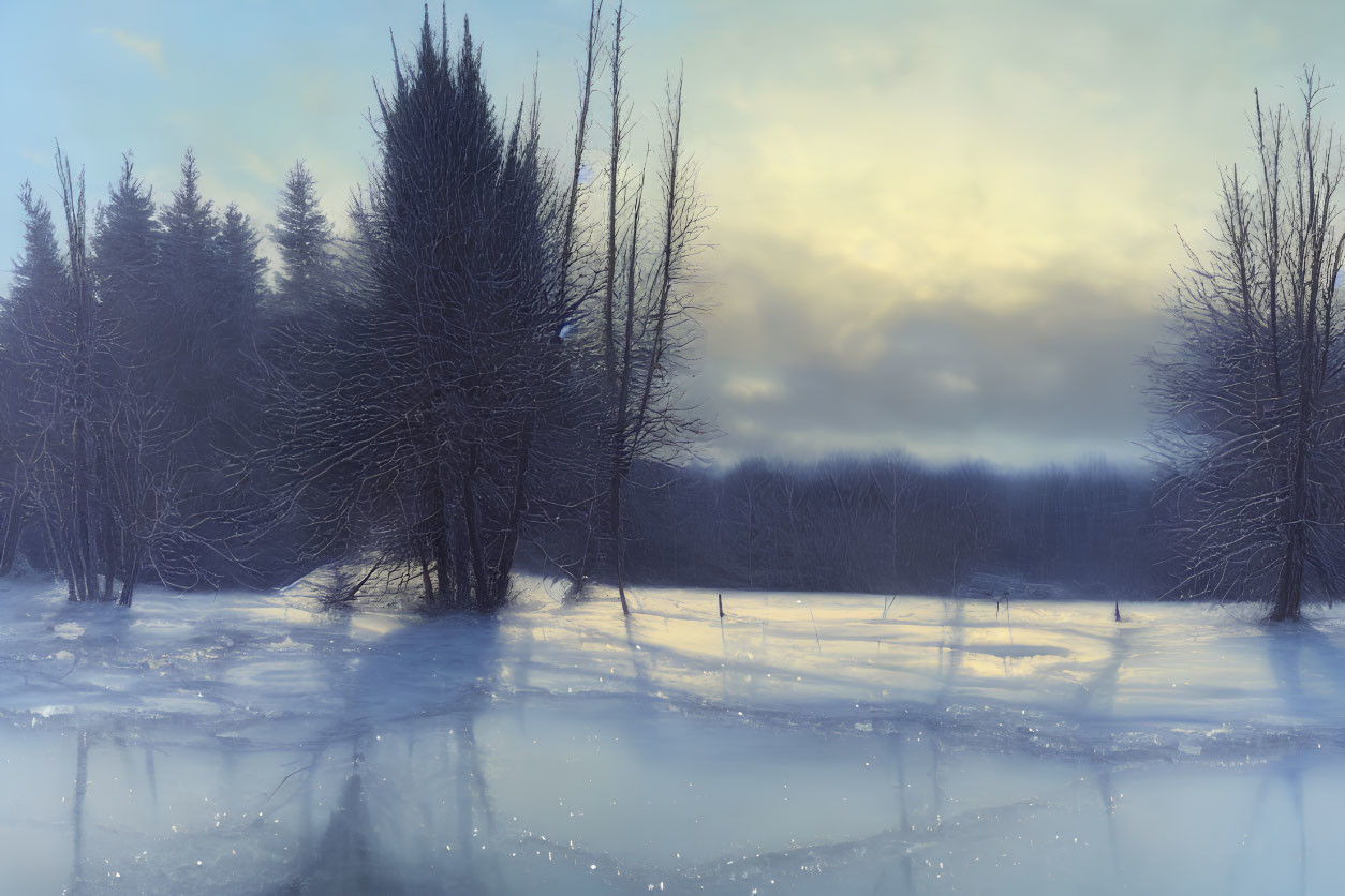 Wintry landscape with frozen pond and bare trees