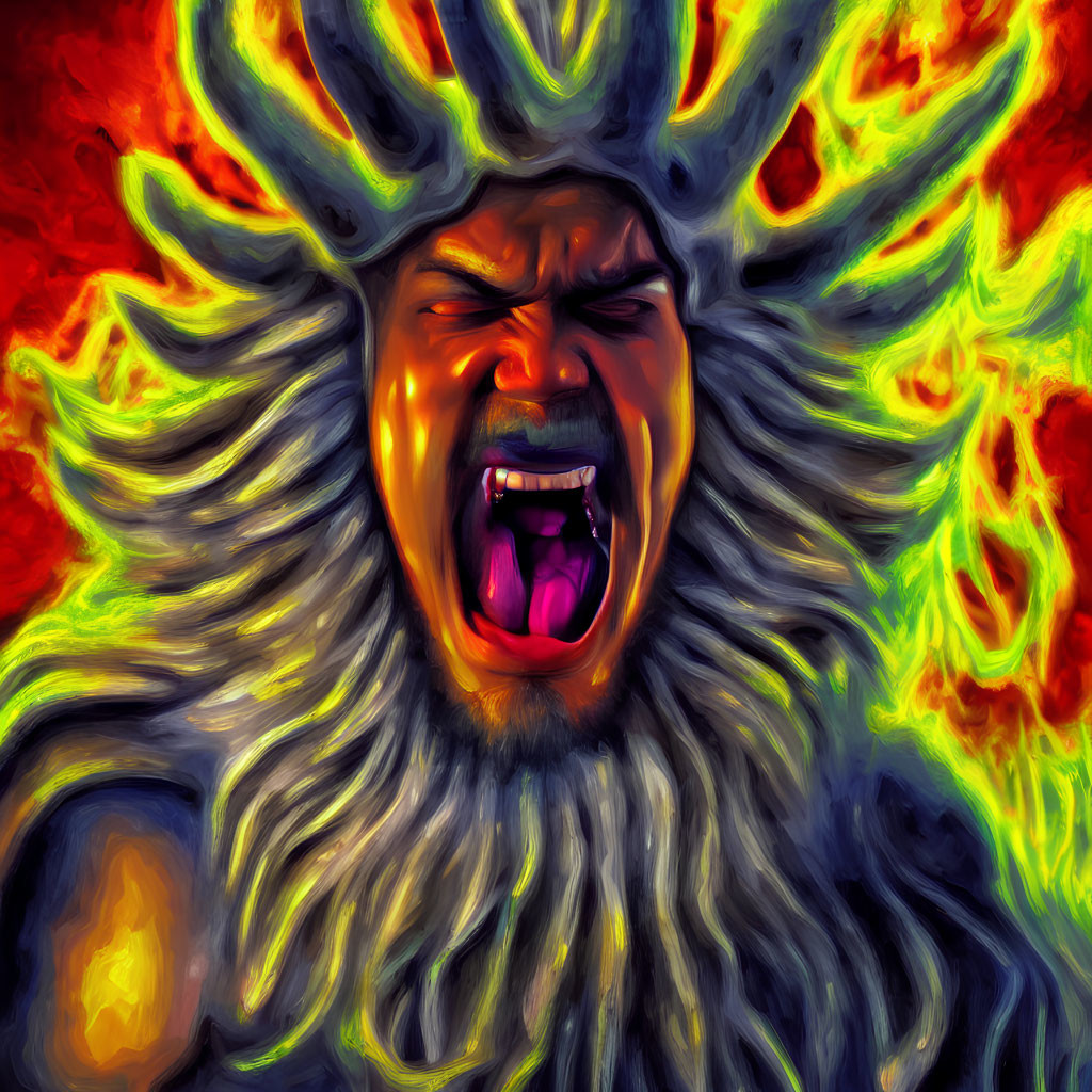 Fiery figure screaming with flames and solar flares in vibrant digital artwork