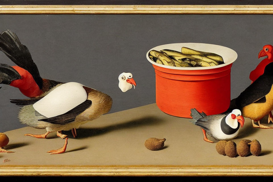 Birds with human-like expressions near red fish bucket and acorns.