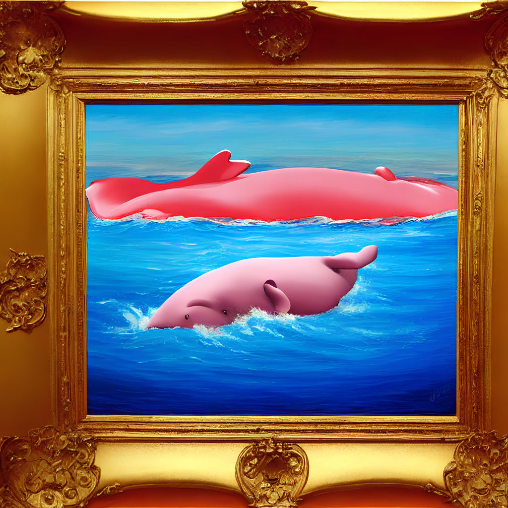 Pink cartoon whales in blue ocean framed by ornate golden floral frame