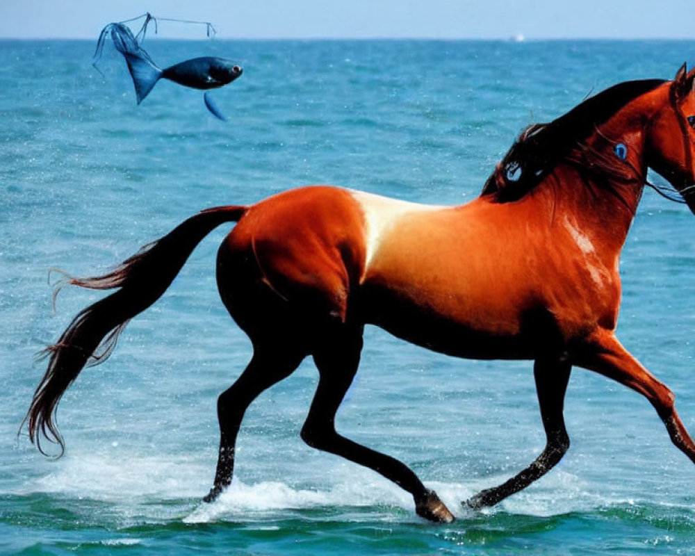 Brown horse galloping in ocean with flying fish.