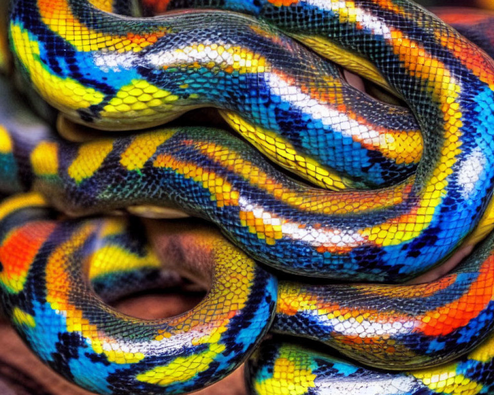 Vibrantly colored snake with yellow, blue, orange, and black pattern, tightly coiled.