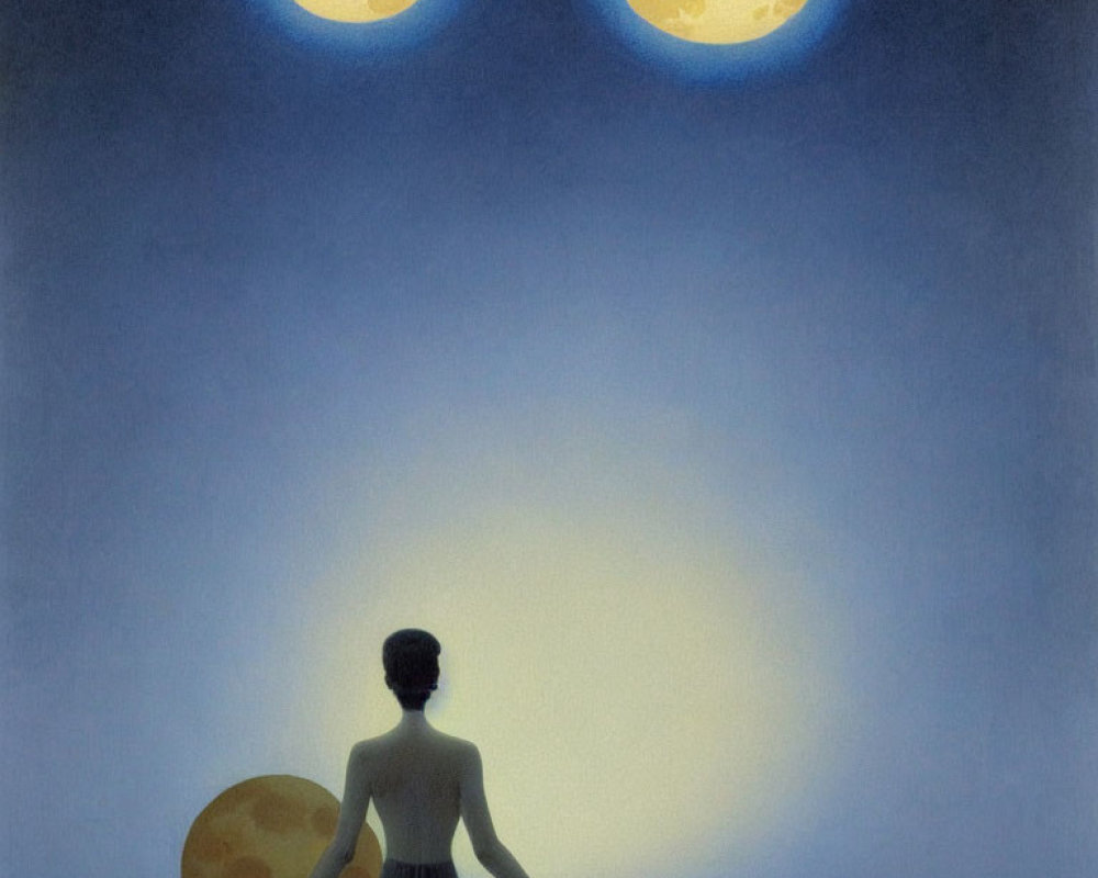 Person holding circular object under two full moons in twilight sky