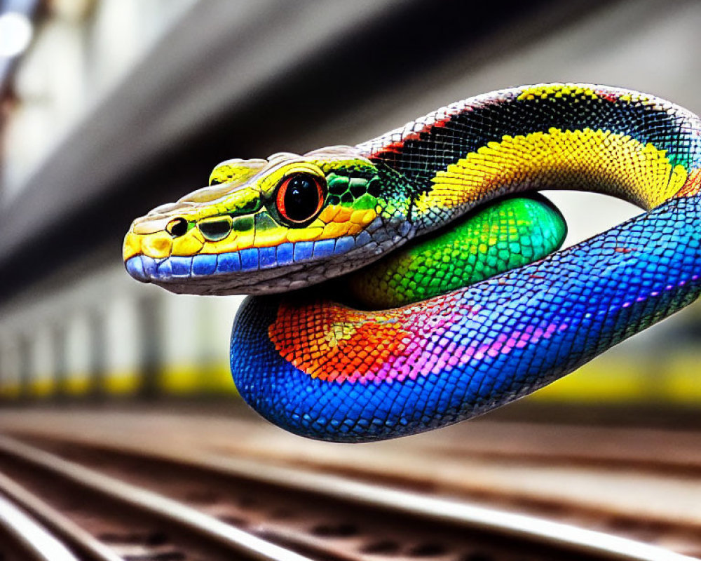 Colorful snake coiled around metal rail in subway setting