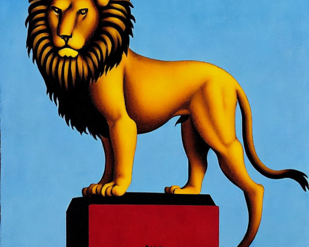 Golden lion illustration on red platform with blue background