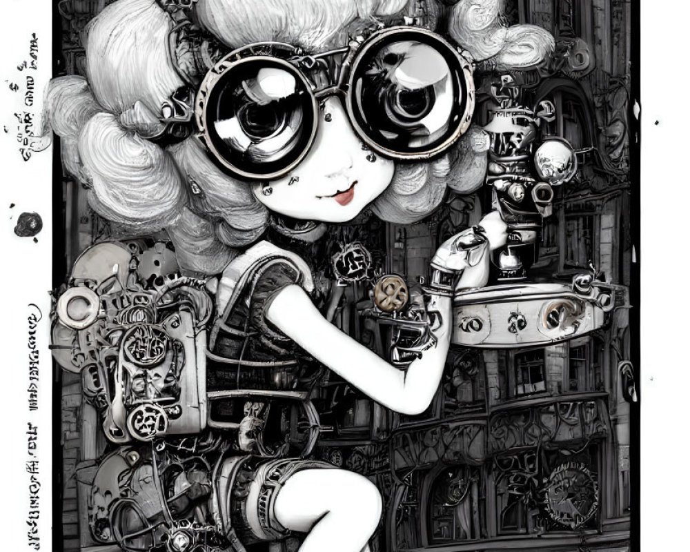 Detailed black-and-white steampunk illustration of a girl with glasses and curly hair