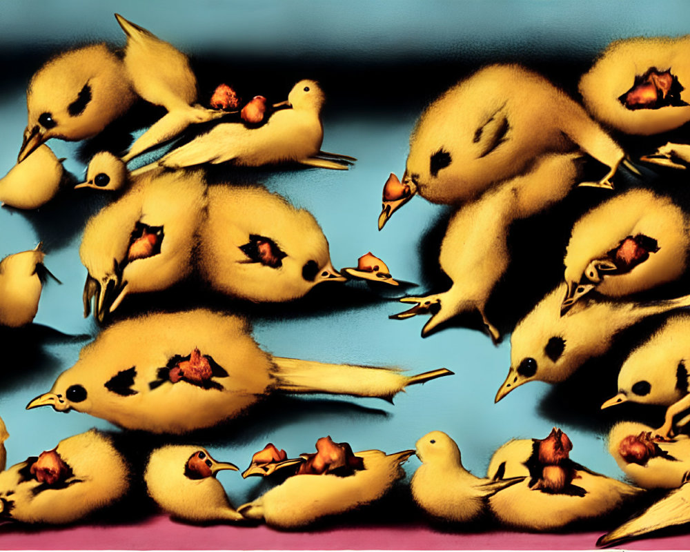 Surreal illustration of multiple yellow chicks with unique features scattered across their bodies