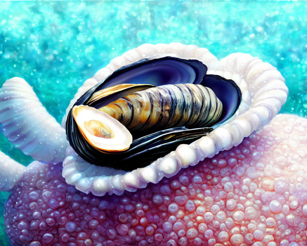 Colorful Pearl Oyster Artwork on Pink Coral and Turquoise Background