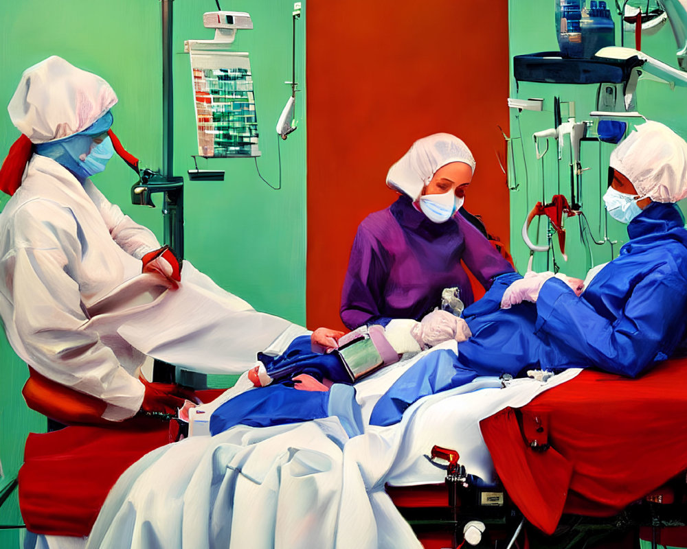 Medical professionals in scrubs and masks attending to patient on operating table