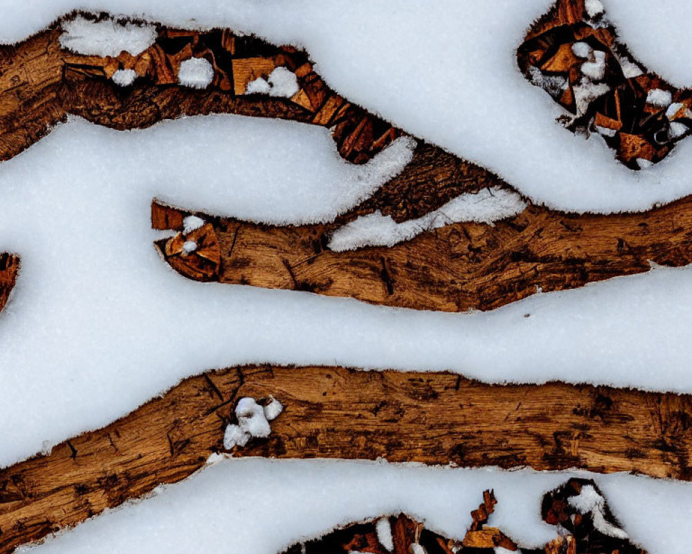 Snow-covered wooden planks with peeking leaves: A textured winter contrast