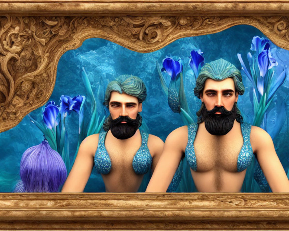 Stylized merman figures with blue beards in ornate golden frame on blue water backdrop