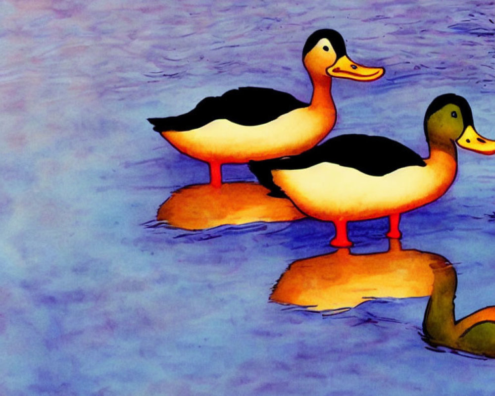 Colorful Cartoon Ducks Floating on Blue Water Surface