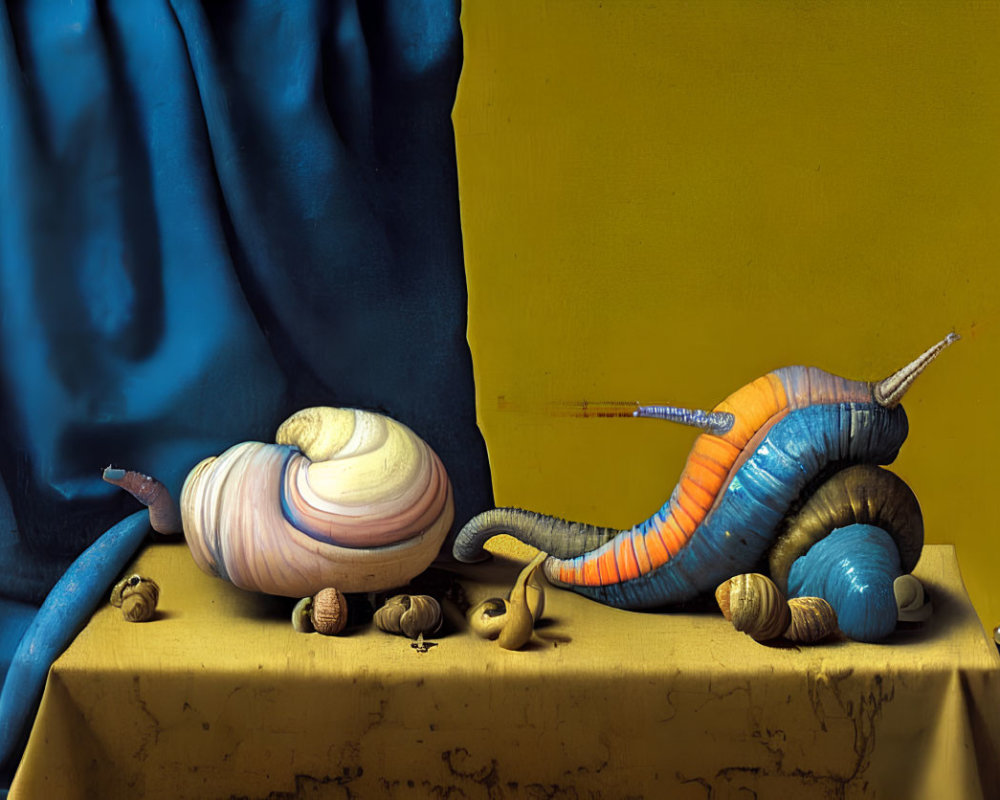 Colorful snails with human-like fingers on blue and yellow backdrop