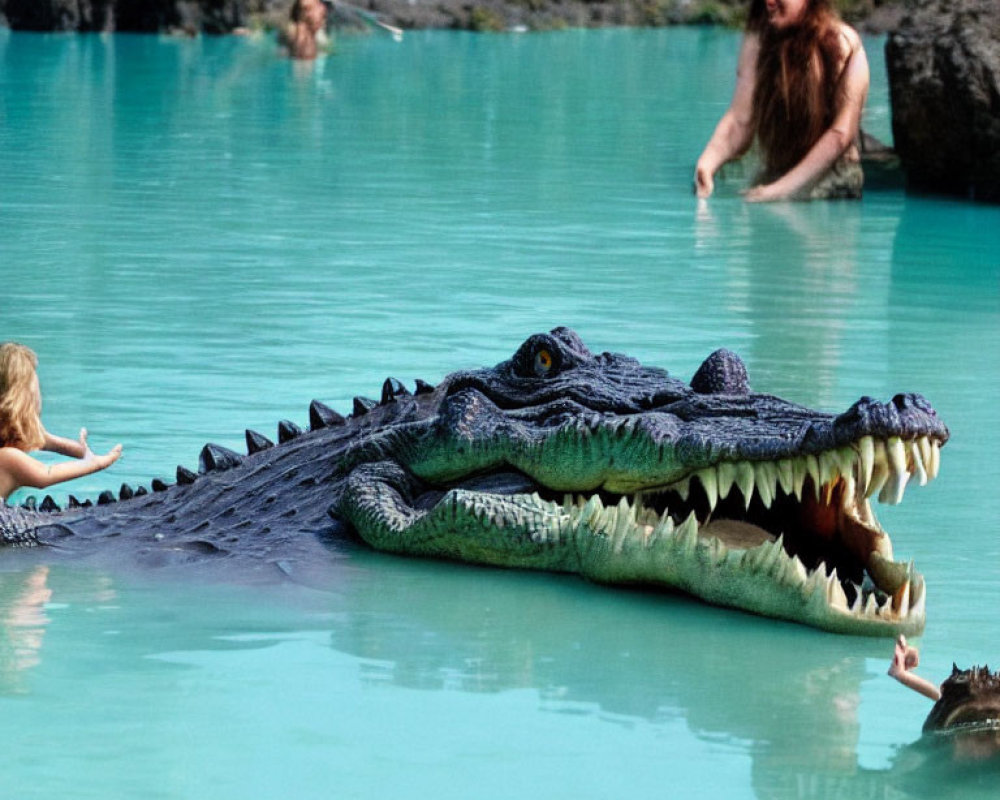 Realistic Crocodile Model in Turquoise Water with People Nearby