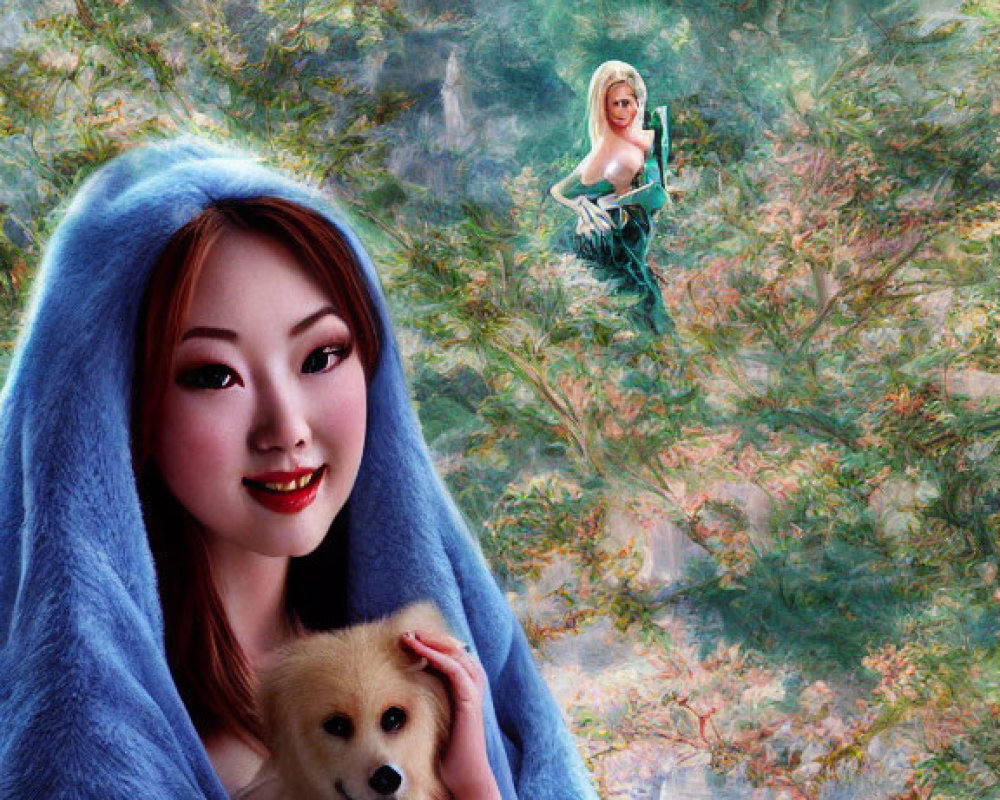 Woman in Blue Cloak Embracing Dog with Fairy in Mystical Setting