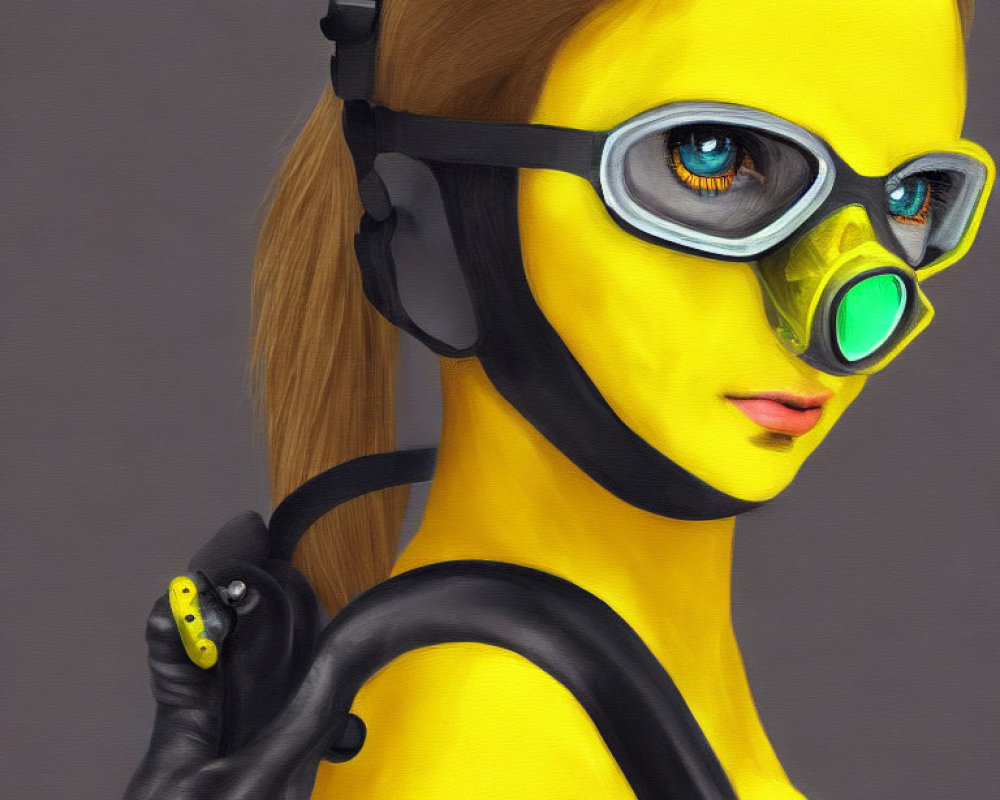 Yellow-skinned person in goggles and headset looks back solemnly