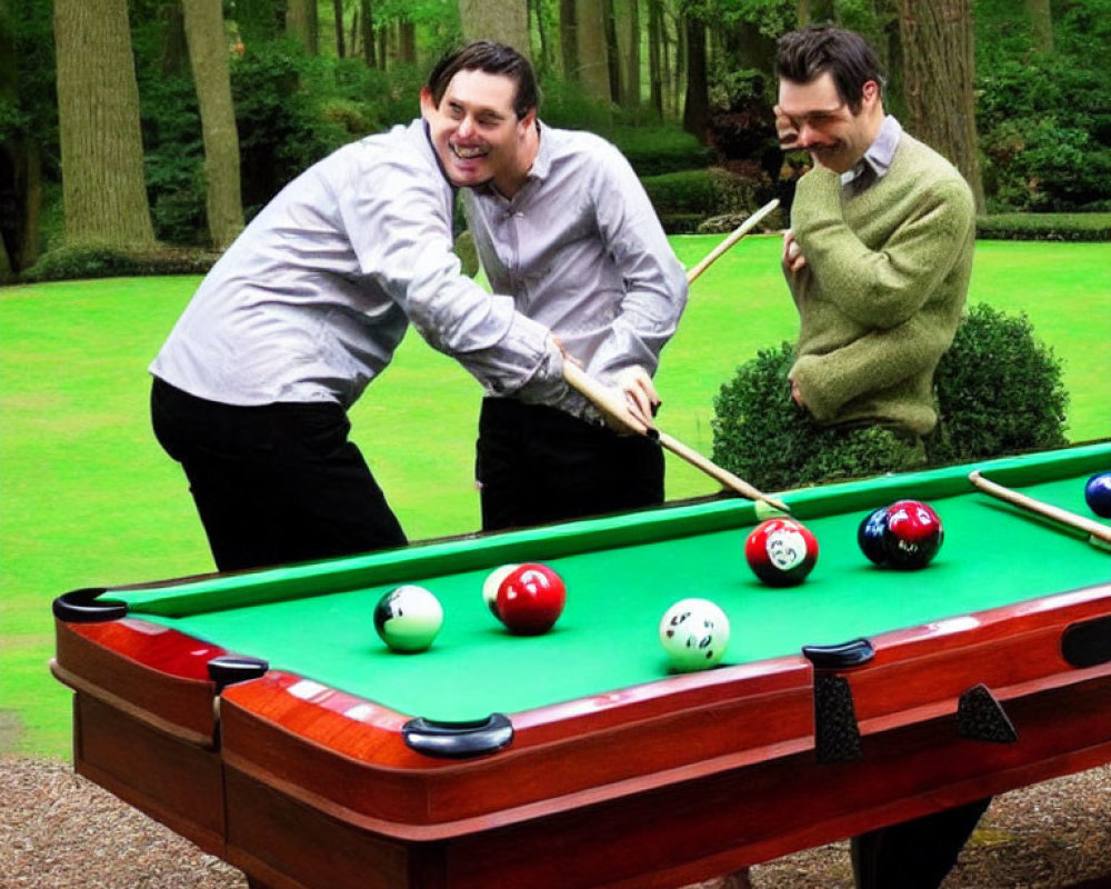 Two men playing pool outdoors with one aiming a shot