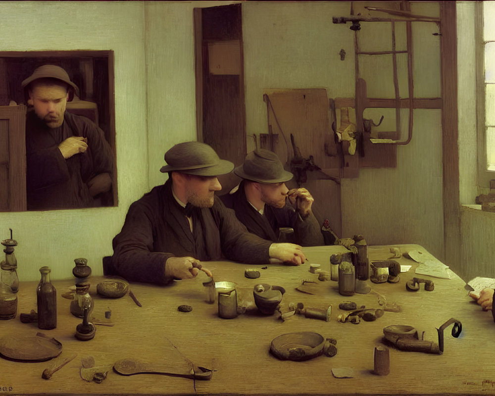 Four Men at Table with Bottles, Scales, and Tools in 19th-Century