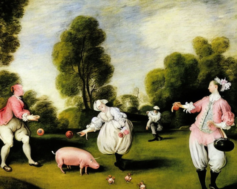 Elegantly dressed figures playing with pigs and piglets in pastoral landscape