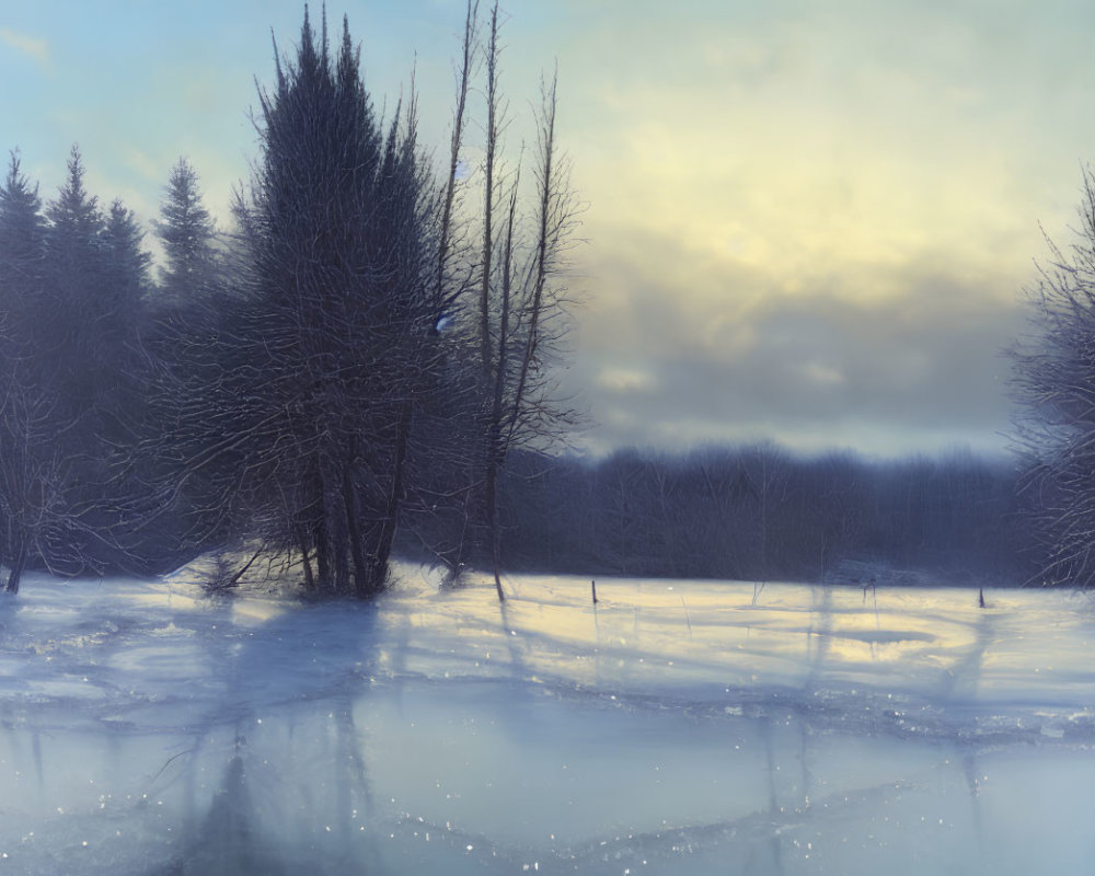 Wintry landscape with frozen pond and bare trees