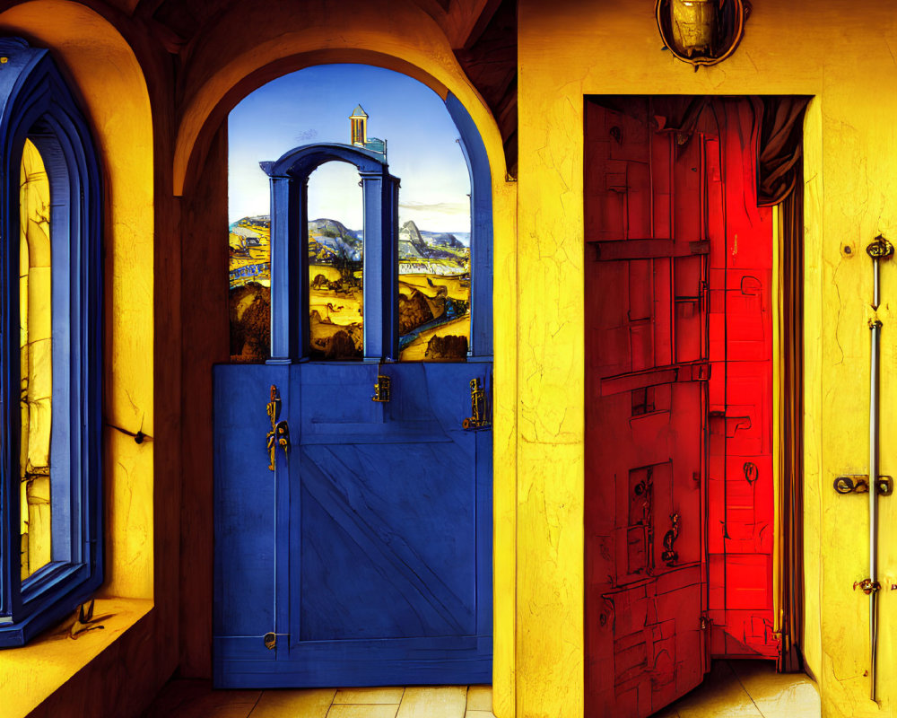 Colorful illustration of room with blue door and red wardrobe