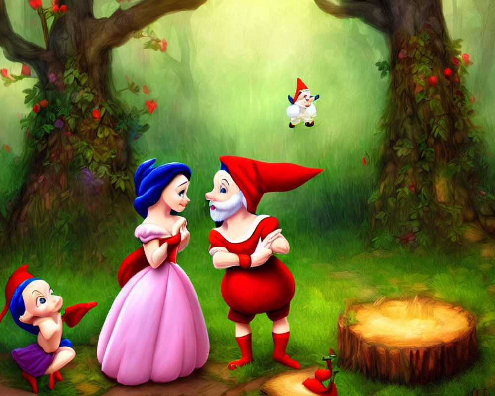 Snow White talks with two dwarfs in enchanted forest, with third dwarf leaping joyfully amidst lush