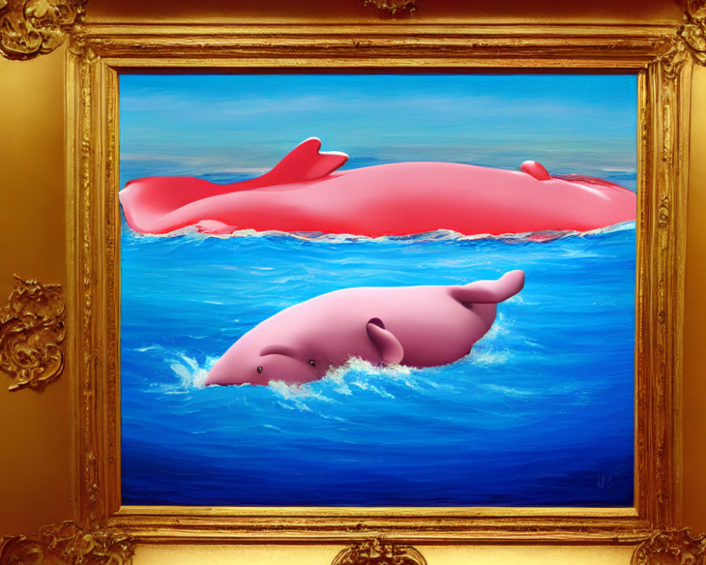 Pink cartoon whales in blue ocean framed by ornate golden floral frame