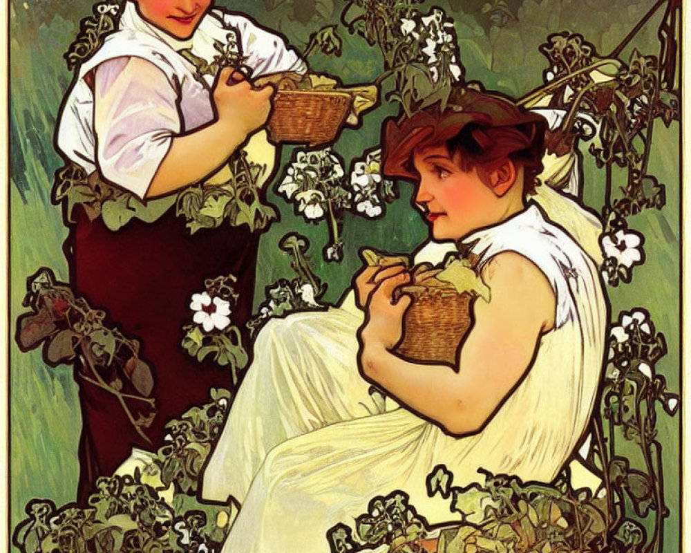 Vintage-clad women caring for white flowers in garden