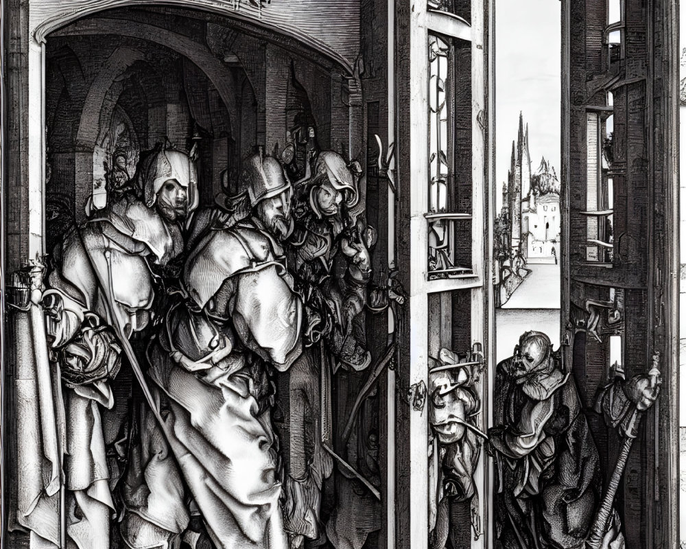 Intricate black and white engraving of armored knights in archway