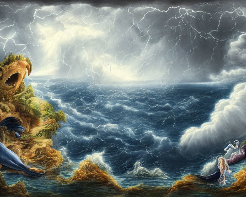 Surreal seascape with mermaid, sky whales, anglerfish-like landmasses,