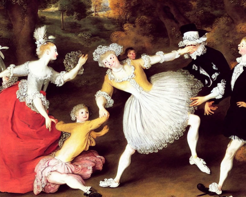 Baroque-Era Painting of Elegantly Dressed Individuals Dancing in Pastoral Landscape