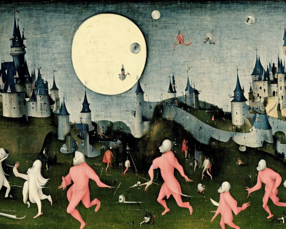 Surreal anthropomorphic figures in mystical cityscape under large moon