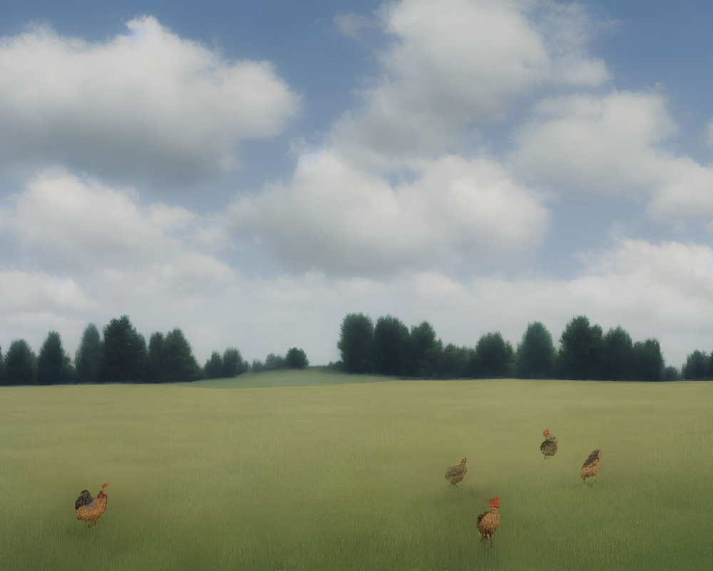 Tranquil landscape with fluffy clouds, chickens in green field