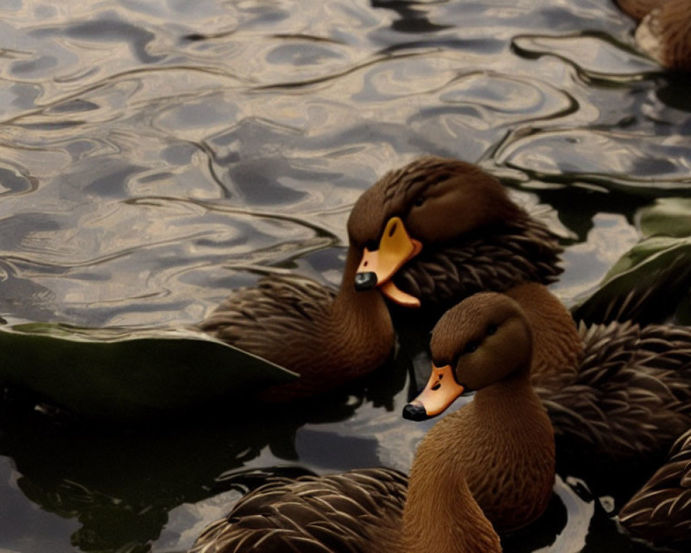 Brown ducks with distinctive markings on rippling lake water at golden hour