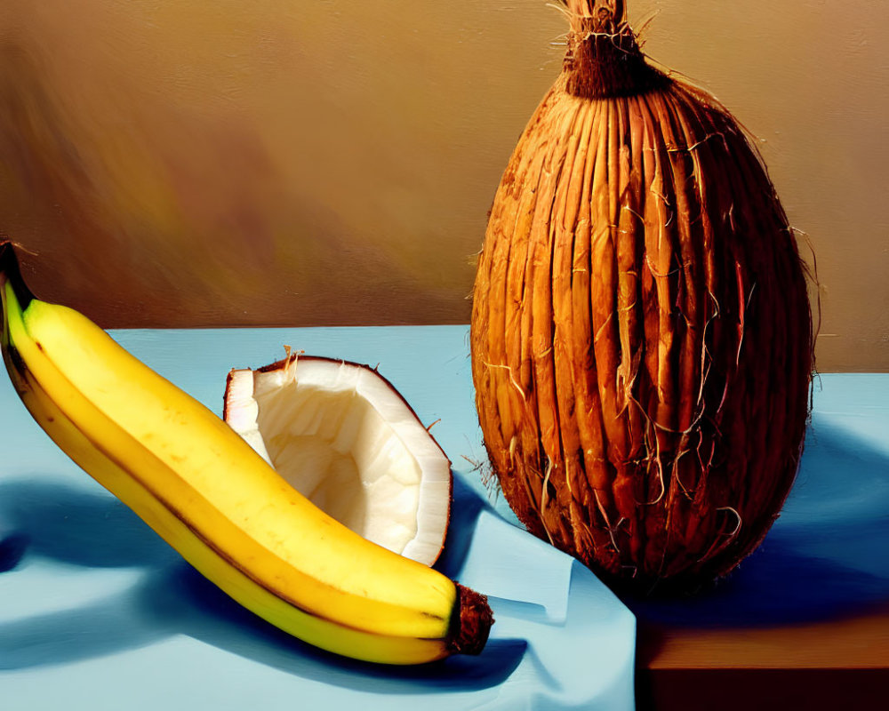 Ripe banana and half coconut on blue cloth table