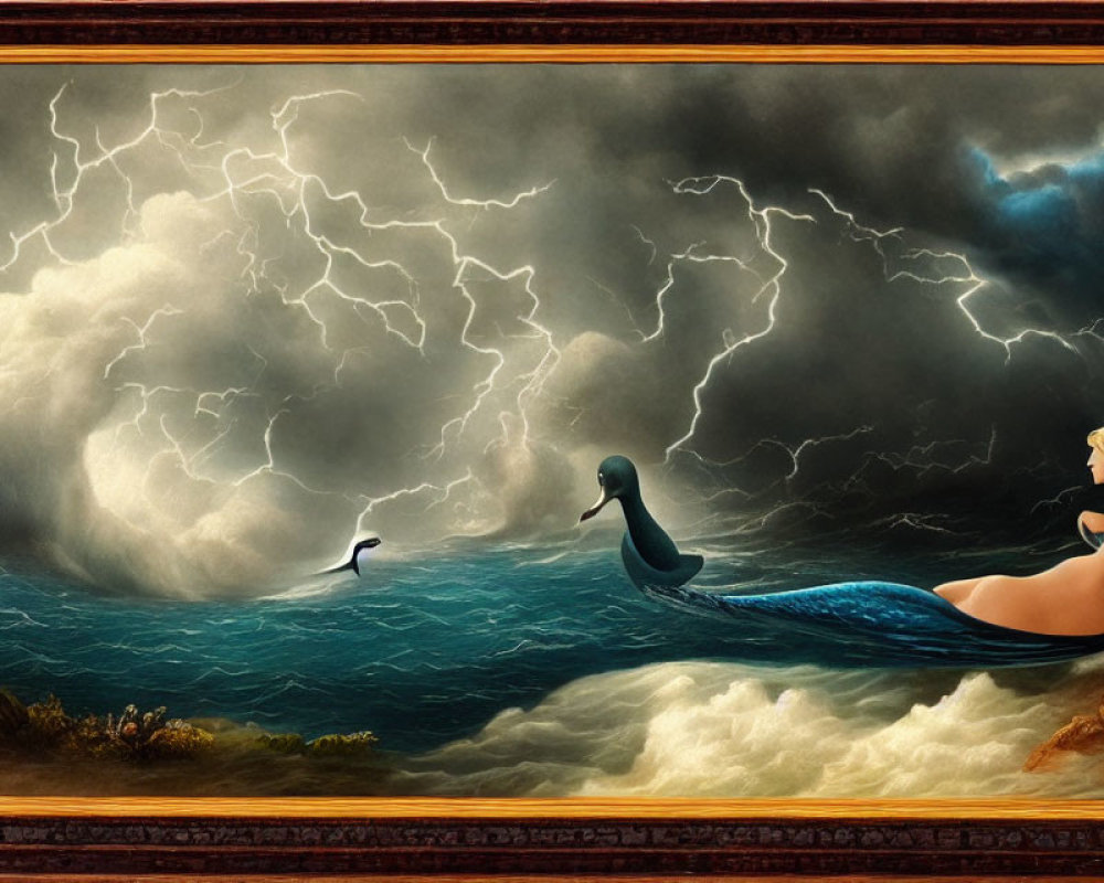 Surreal painting: Mermaid and dolphin in stormy ocean