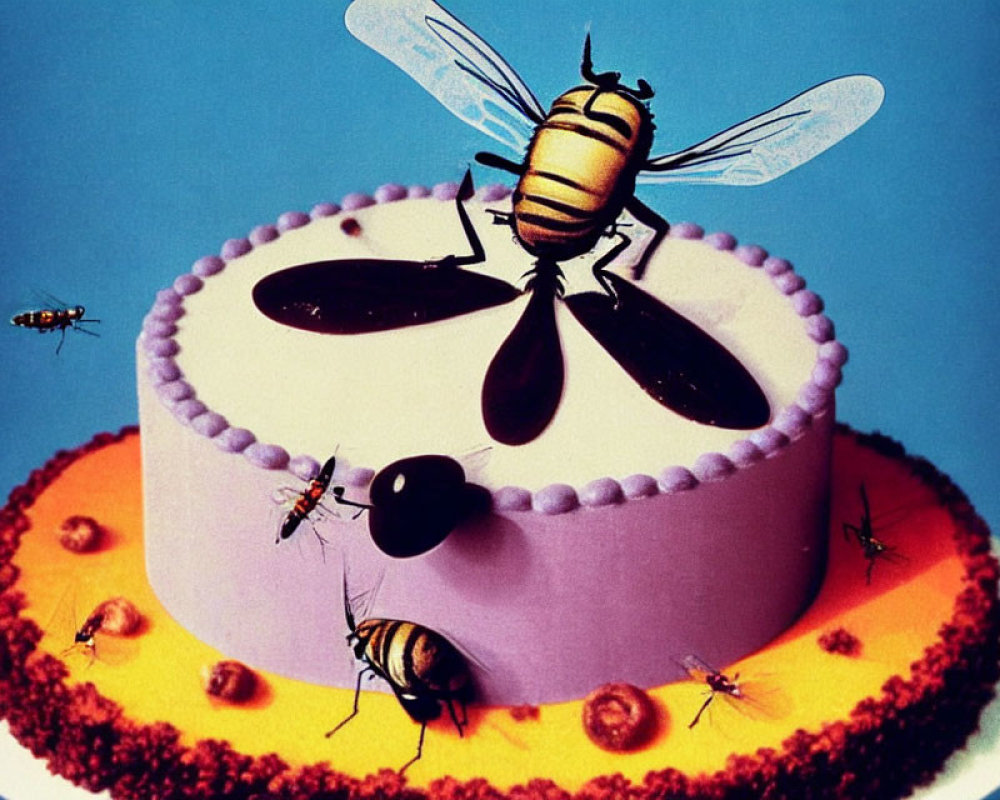 Stylized image of oversized bees on a frosted cake