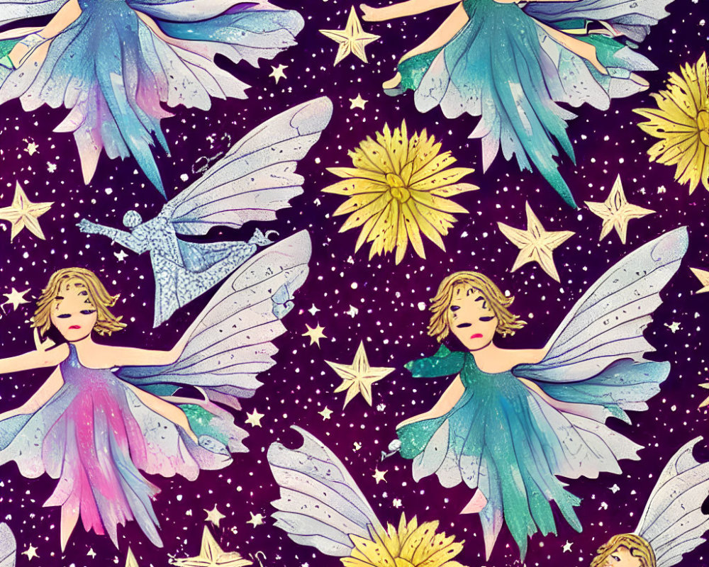 Illustrated fairies, dandelions, stars, and comets on purple background