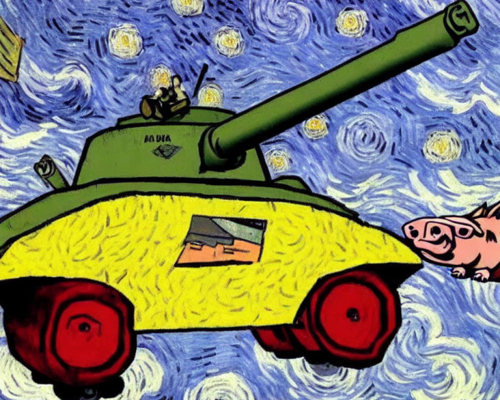 Colorful Tank and Flying Pig in Starry Night-Inspired Cartoon Scene