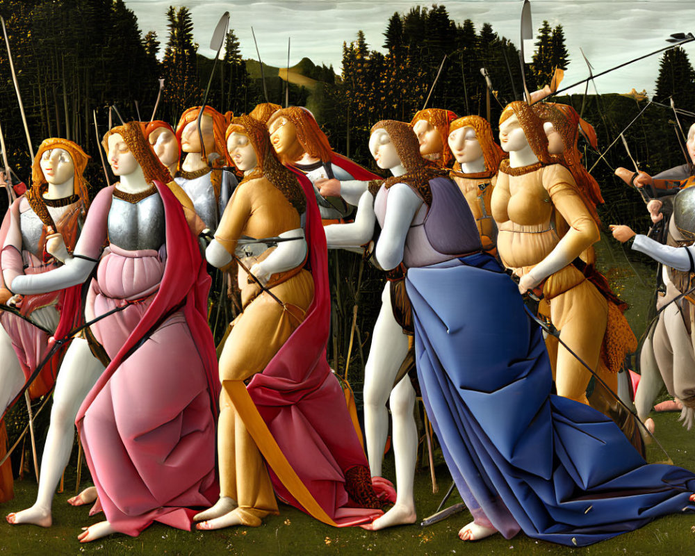 Renaissance painting of female figures with bows in wooded landscape