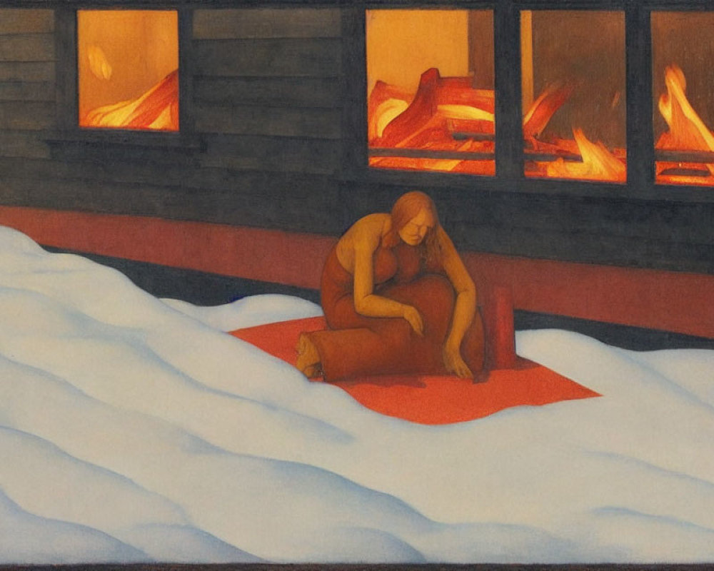 Person sitting on red mat in snow by glowing firelight structure