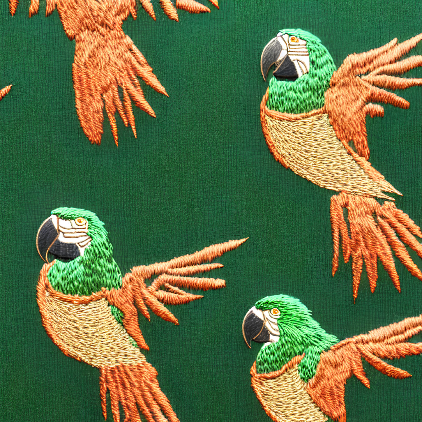 Colorful Parrots with Spread Wings Embroidered on Green Fabric