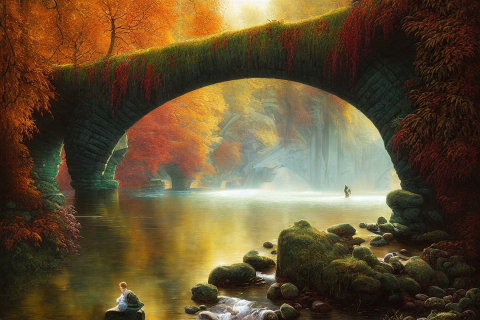 Ethereal autumn scene: stone bridge, misty river, golden foliage, two figures.