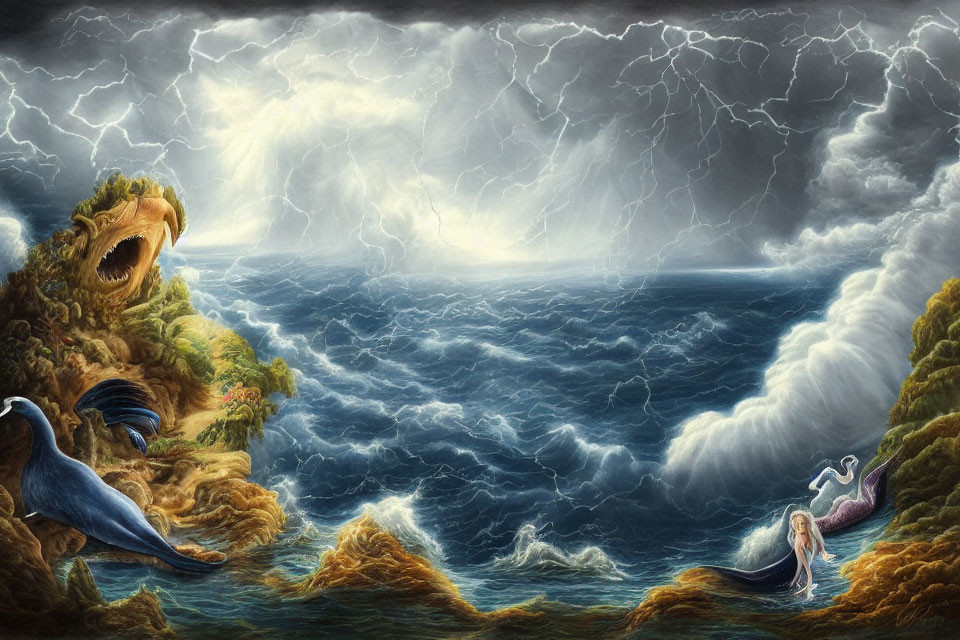 Surreal seascape with mermaid, sky whales, anglerfish-like landmasses,